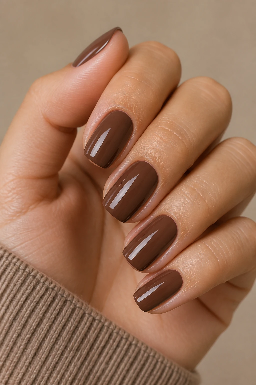 Rounded square nails in cocoa mocha creme with a hint of rosy-brown depth.