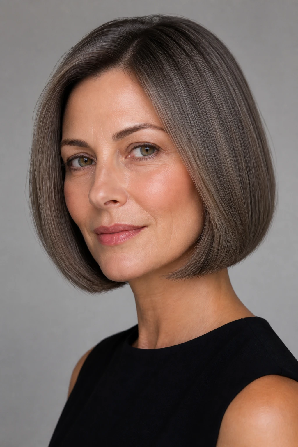 A 47-year-old woman wears a cool ash brown bob with a soft root shadow and beveled, sleek ends.