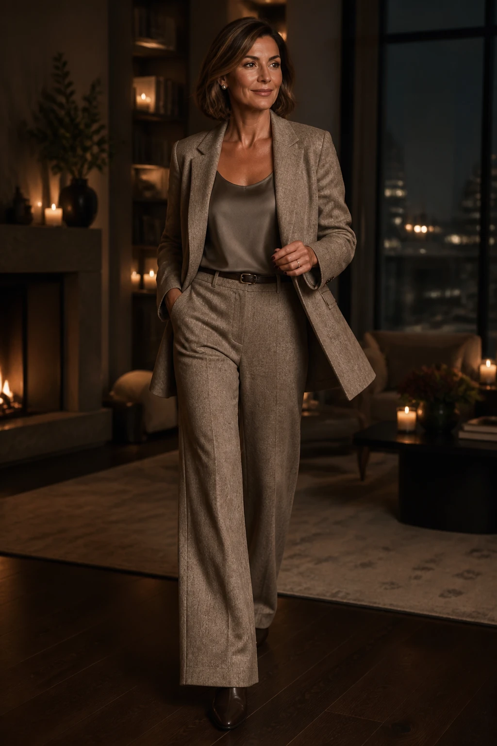 A confident mid-40s woman wears a relaxed taupe blazer with soft wide-leg trousers, silk tank, stacked-heel boots, and modern pearl studs.