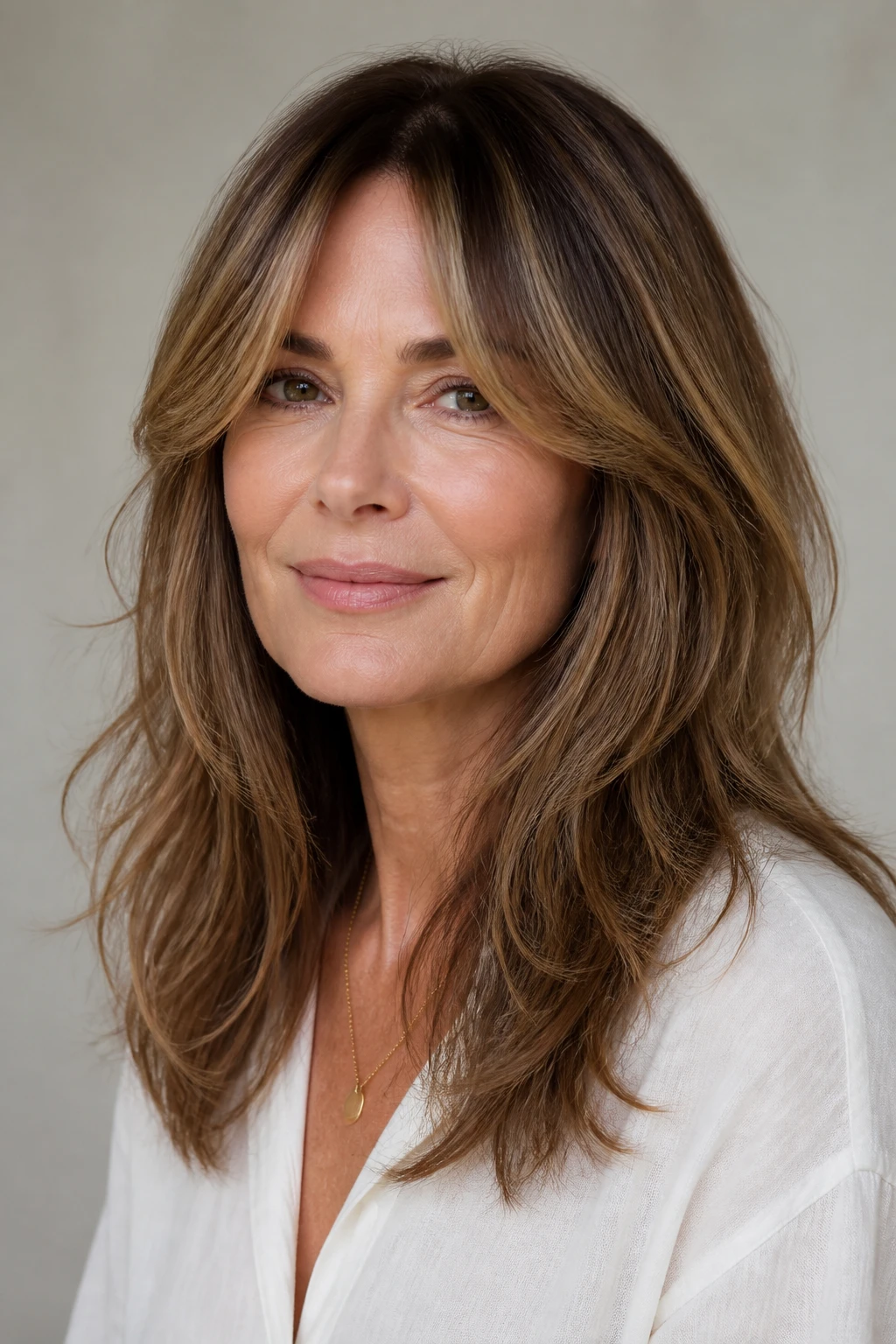An elegant woman in her late 50s with curtain bangs and shoulder-length layers softly framing her face.