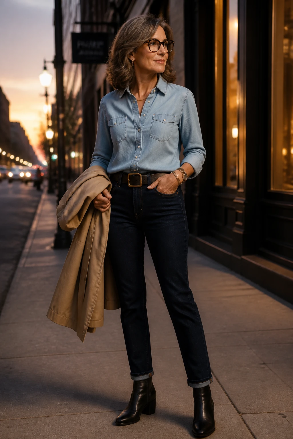 A mid-50s woman wears a light chambray shirt with dark jeans, a sculpted belt, block-heel ankle boots, and tortoiseshell glasses.