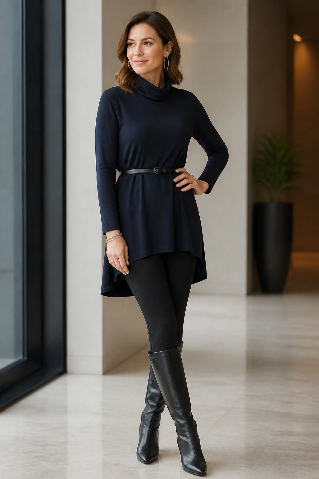 A chic mid-40s woman wears an ink funnel-neck tunic with a slim belt, structured leggings, and knee-high boots for a sleek, tonal silhouette.