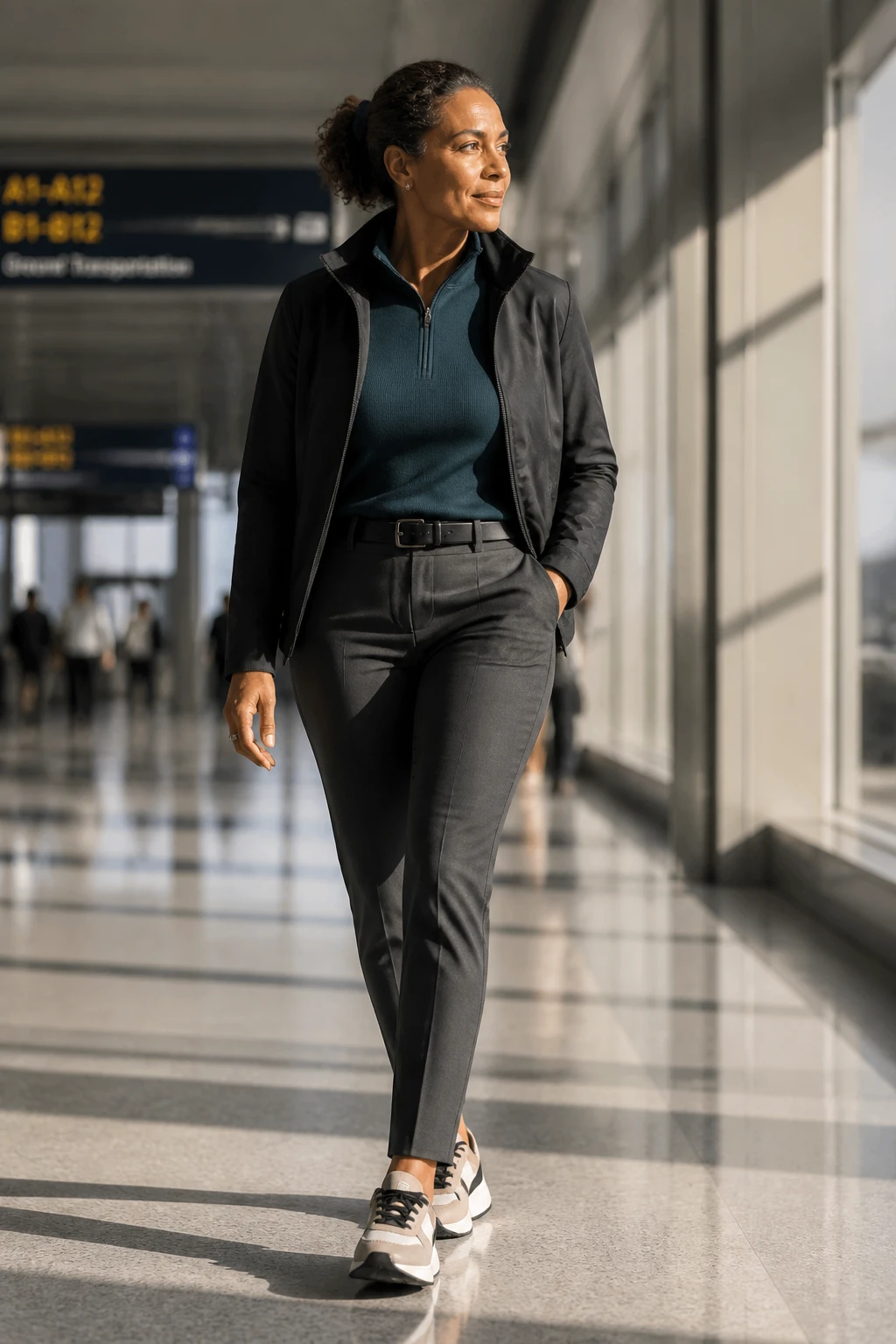 A confident woman in her mid-40s wears a deep-teal half-zip knit, graphite tech trousers, and hybrid sneakers with a cropped shell jacket at the airport.
