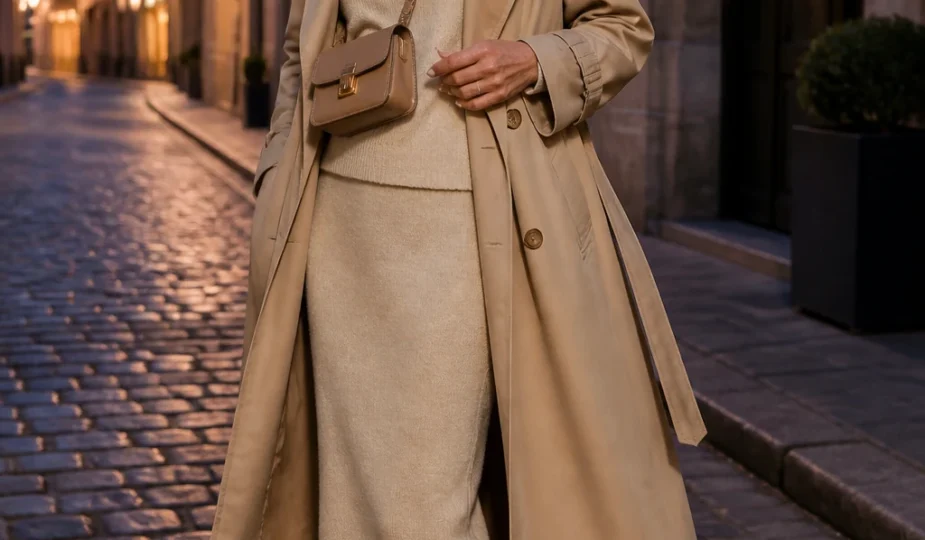 Chic mid-50s woman in an oatmeal knit set with a relaxed beige trench and kitten-heel mules on a twilight street.