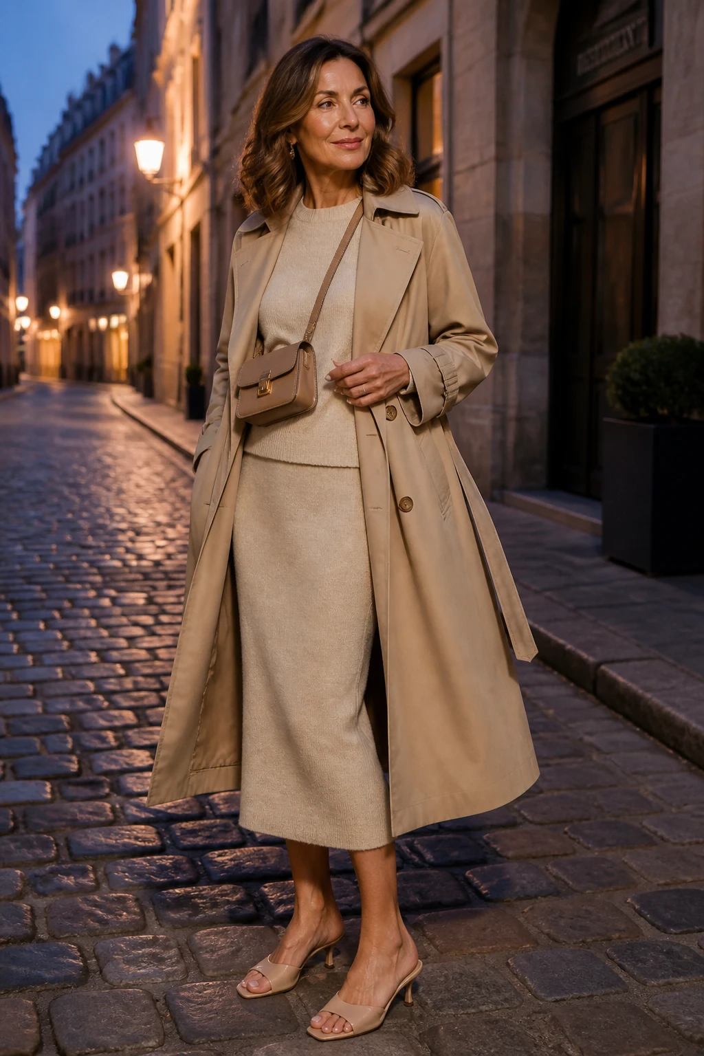 Chic mid-50s woman in an oatmeal knit set with a relaxed beige trench and kitten-heel mules on a twilight street.