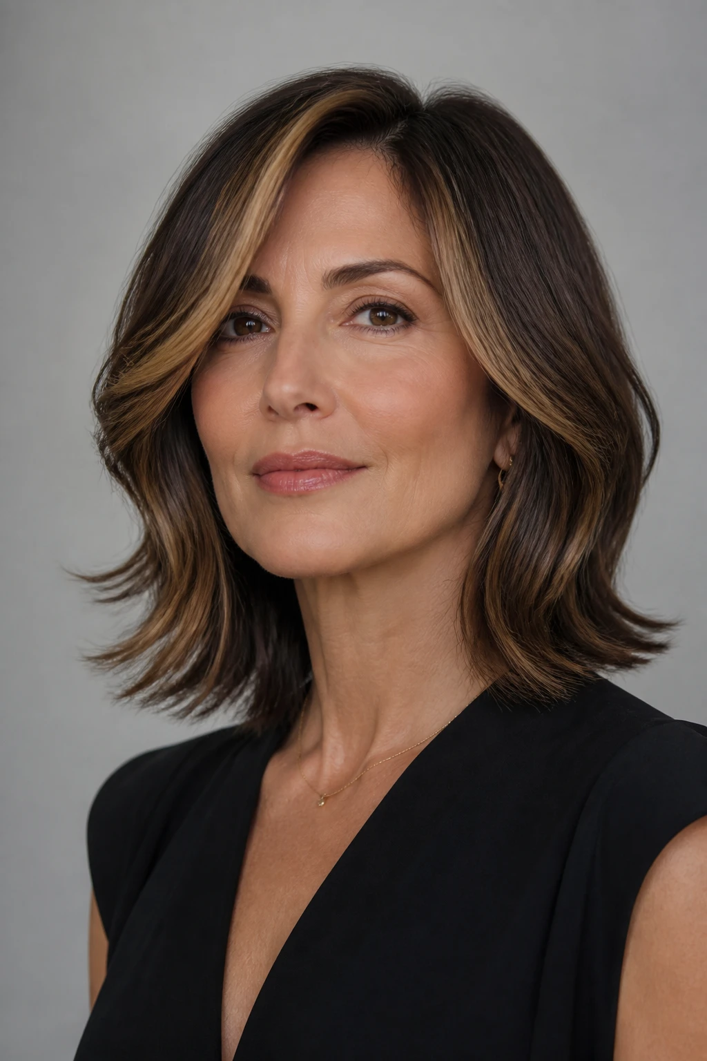 Midlength layers with a subtle money piece on a woman in her late 40s, styled with refined bends and straighter ends.