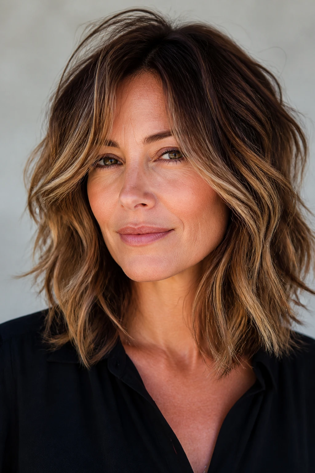 A 45-year-old woman wears a collarbone modern shag with shattered layers and sunkissed tips.
