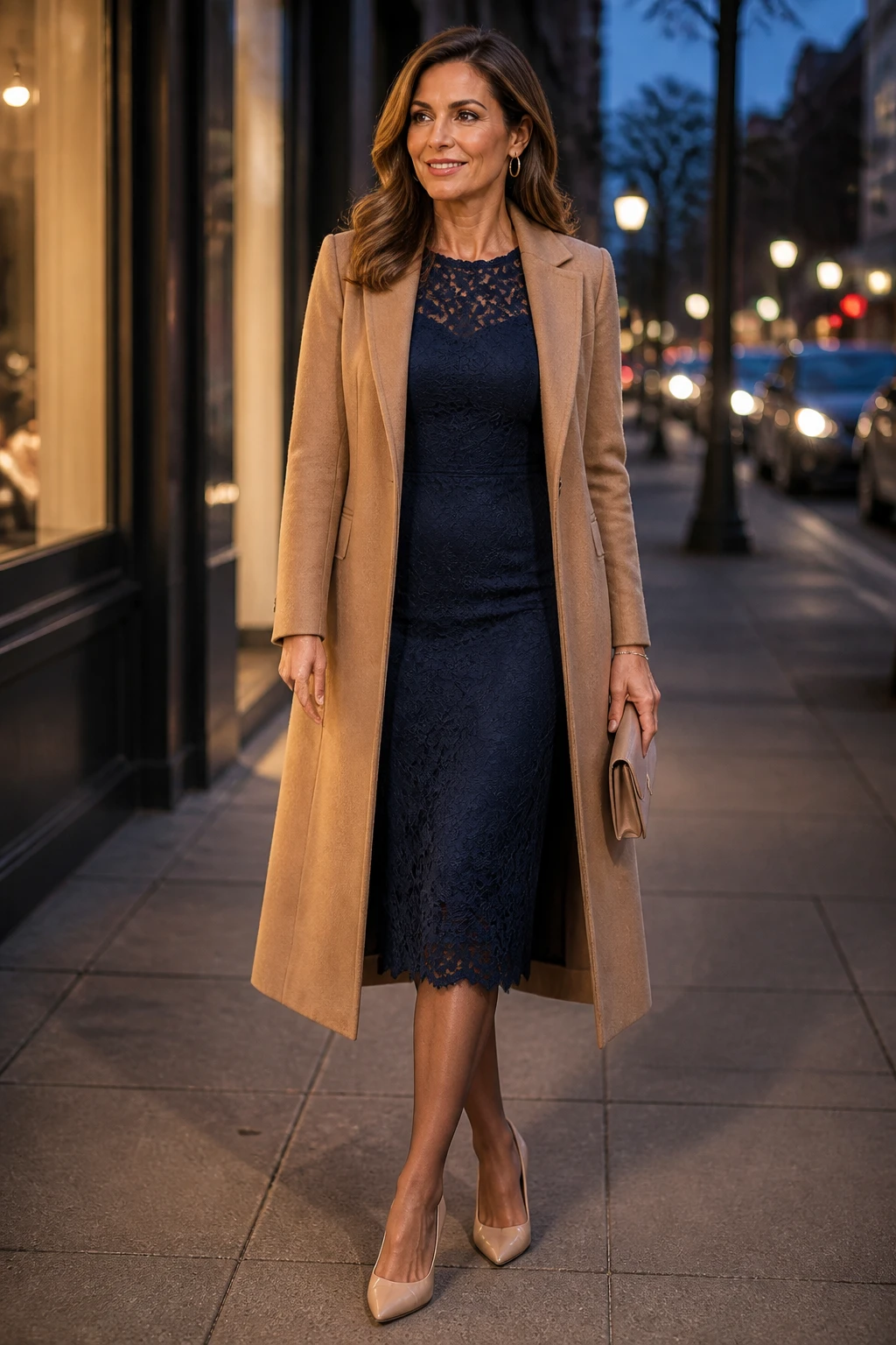 An elegant woman in her mid-40s wears a navy lace sheath with a camel longline coat, nude pumps, sheer tights, and minimal jewelry on a city evening.