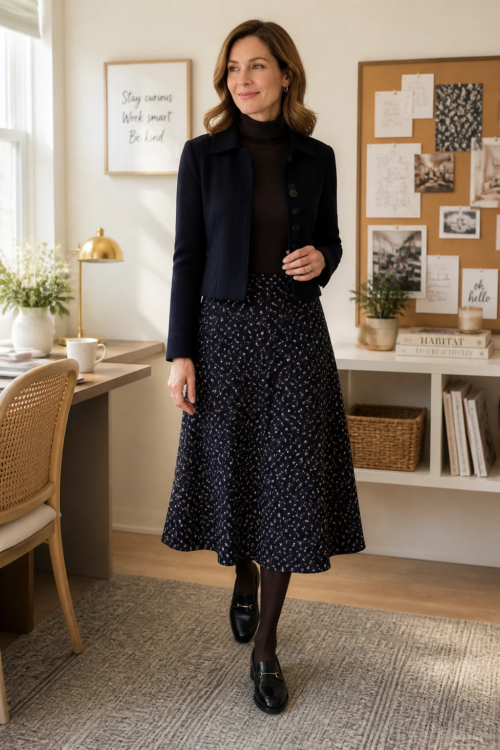 A 47-year-old woman wears a navy micro-floral midi skirt with a fine espresso turtleneck, cropped jacket, and classic loafers.