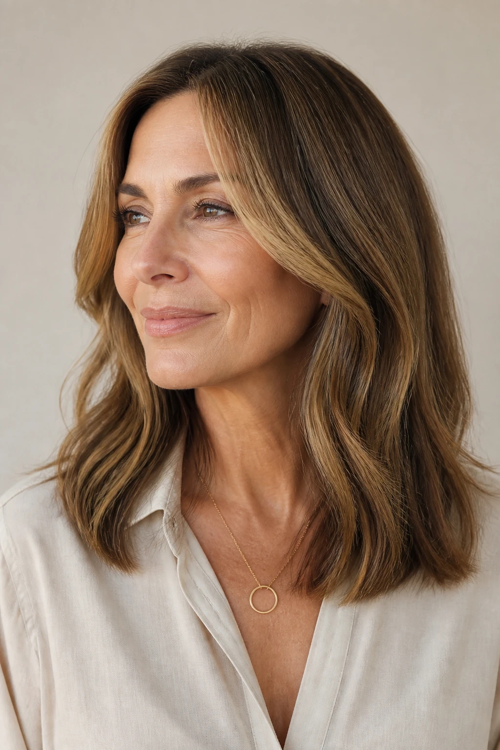 A stylish mid-50s woman with a shoulder-length cut and soft face-framing layers highlighted from temple to cheekbone.