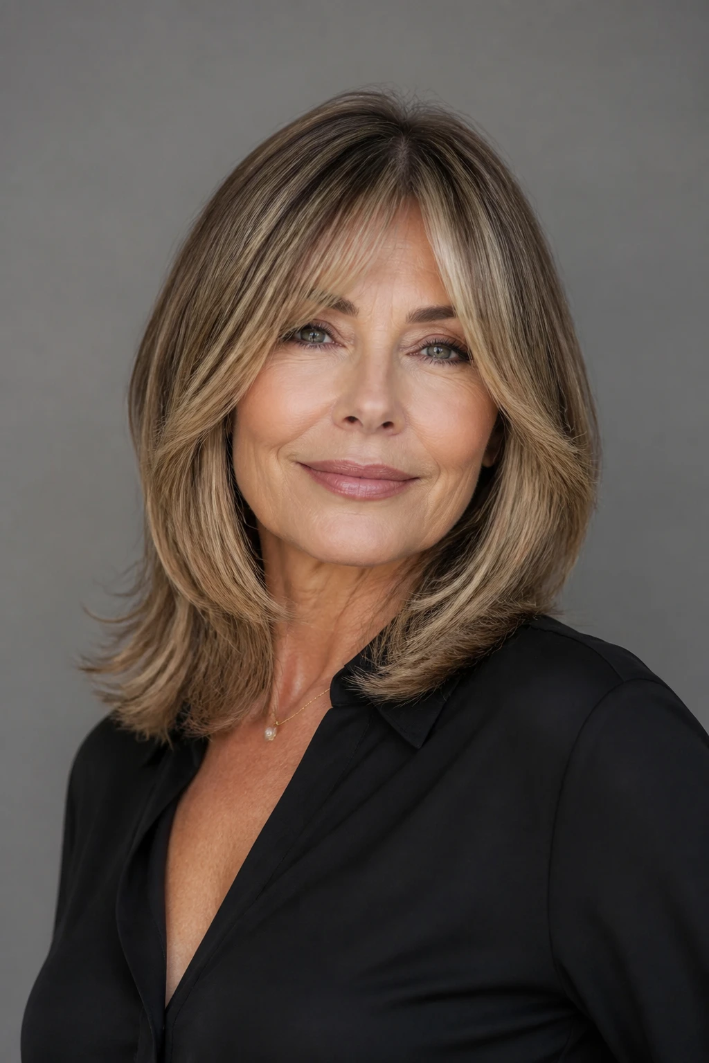 A stylish 57-year-old wears a shoulder-length cut with curtain bangs and soft, blended layers highlighted around the face.