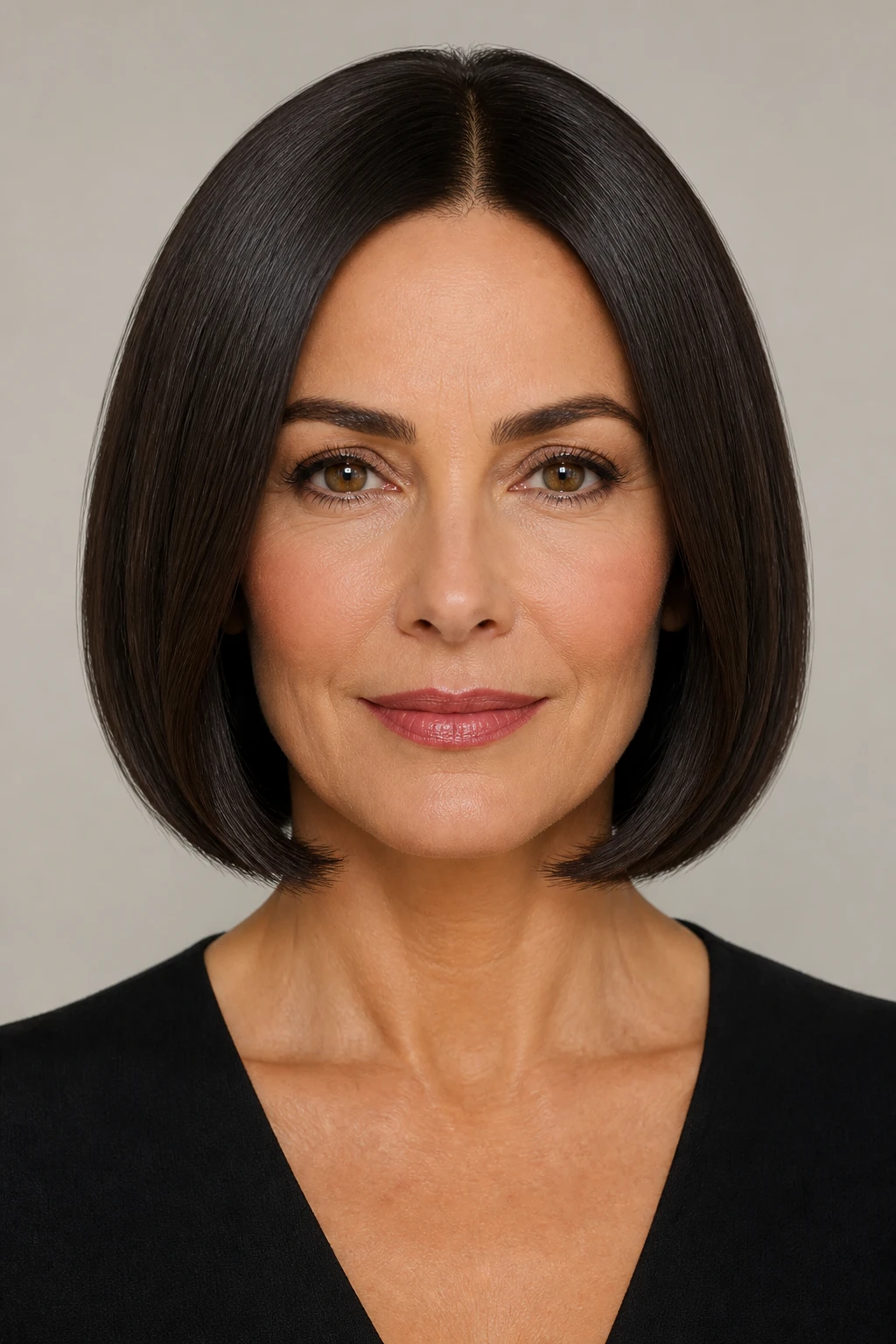 A refined mid-40s woman wears a sleek mid-part bob with micro-beveled ends and glassy shine.