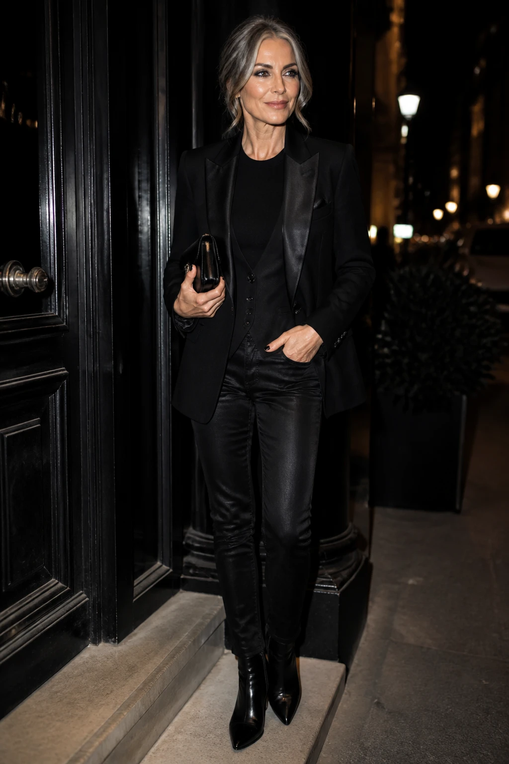 A chic mid-50s woman wears a tuxedo blazer over a merino top with coated black denim, pointed ankle boots, and a structured mini-bag, finished with subtle smoky makeup.