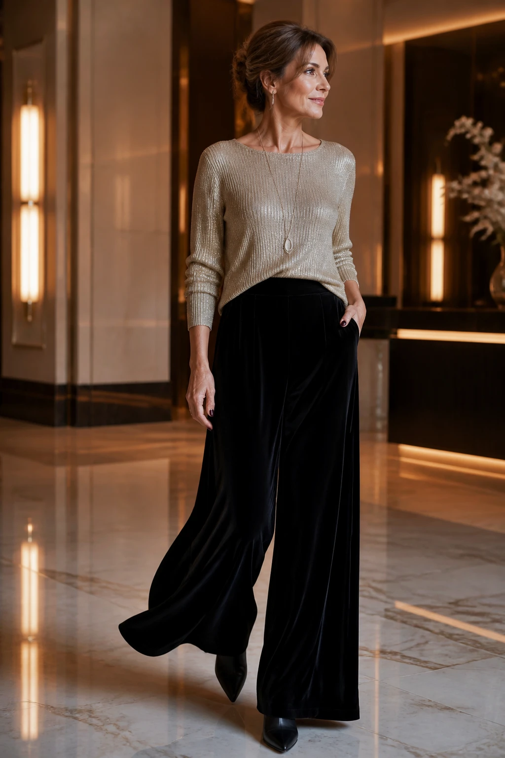 A chic woman in her mid-50s wears black velvet palazzo pants with a champagne metallic ribbed knit top, point-toe boots, and a long pendant.