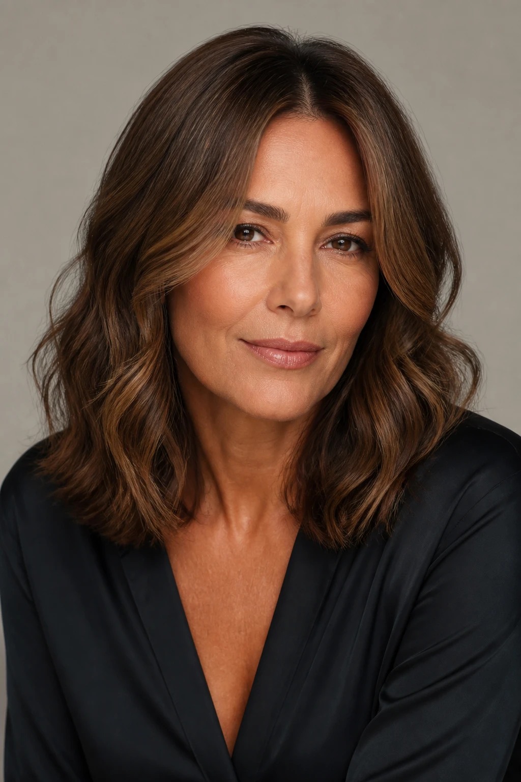 Warm mocha with a soft root smudge and subtle face-brightening pieces flatters a chic woman in her early 50s.