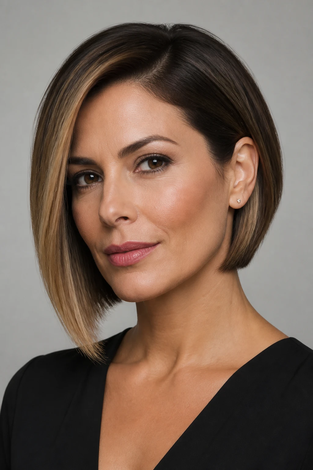 An asymmetrical jaw-length bob with a clean perimeter and deep side part on a chic woman in her mid-40s.