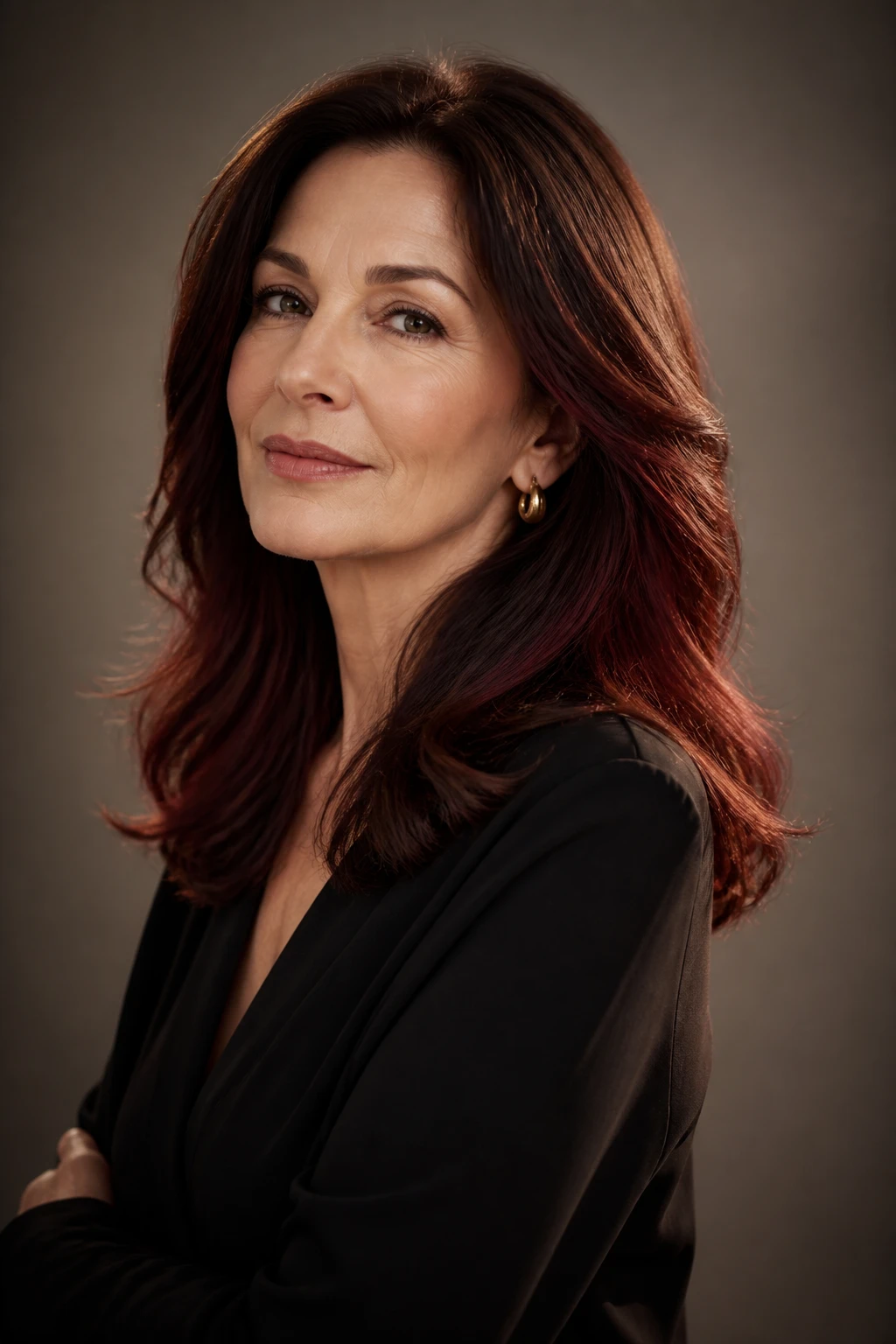 Chocolate-cherry depth with a whisper of burgundy warmth adds subtle glow to a sophisticated woman in her mid-50s.