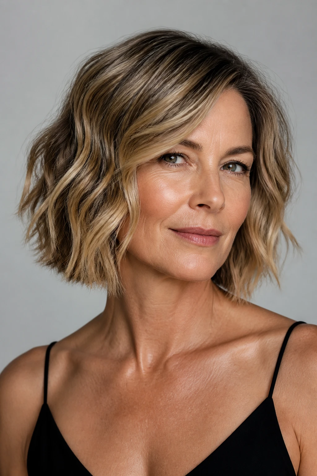 A confident mid-50s woman wears a choppy mid-length bob with piecey texture, S-waves, and shadowed roots with brighter mids.