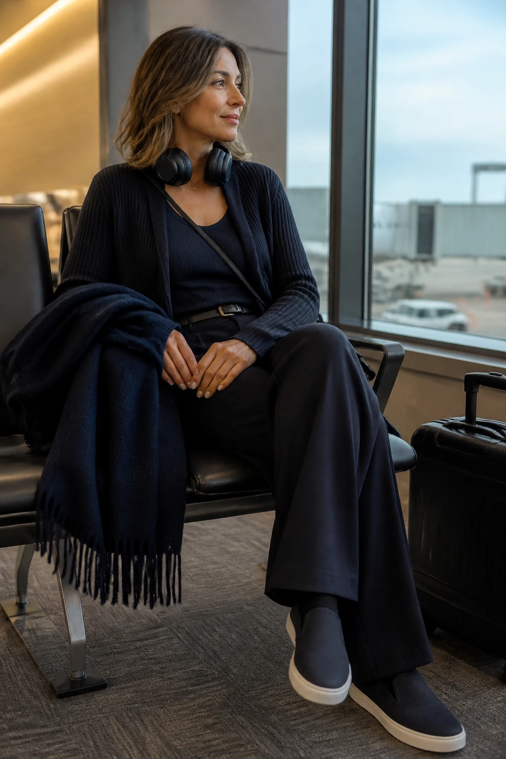 An elegant late-40s woman wears a midnight column of color with longline cardigan, matching knit tank, wide-leg pants, and slip-on sneakers at the gate.