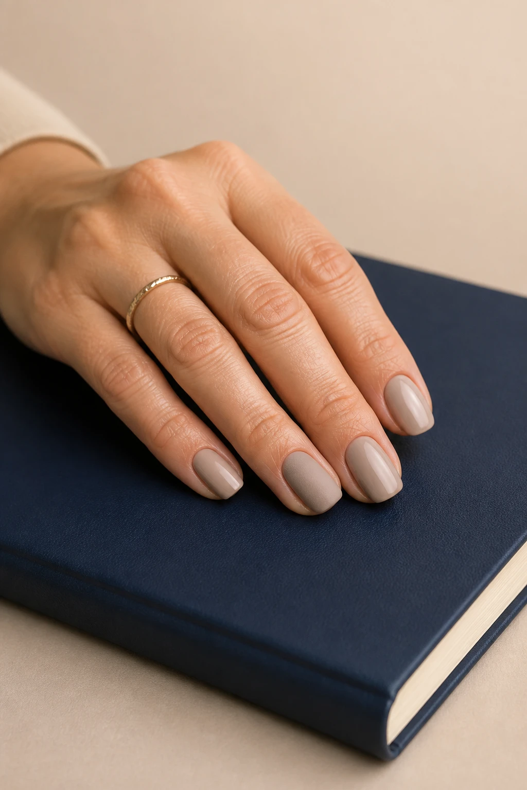 Short squoval nails in creamy taupe with one matte accent on a stylish woman in her mid-40s.