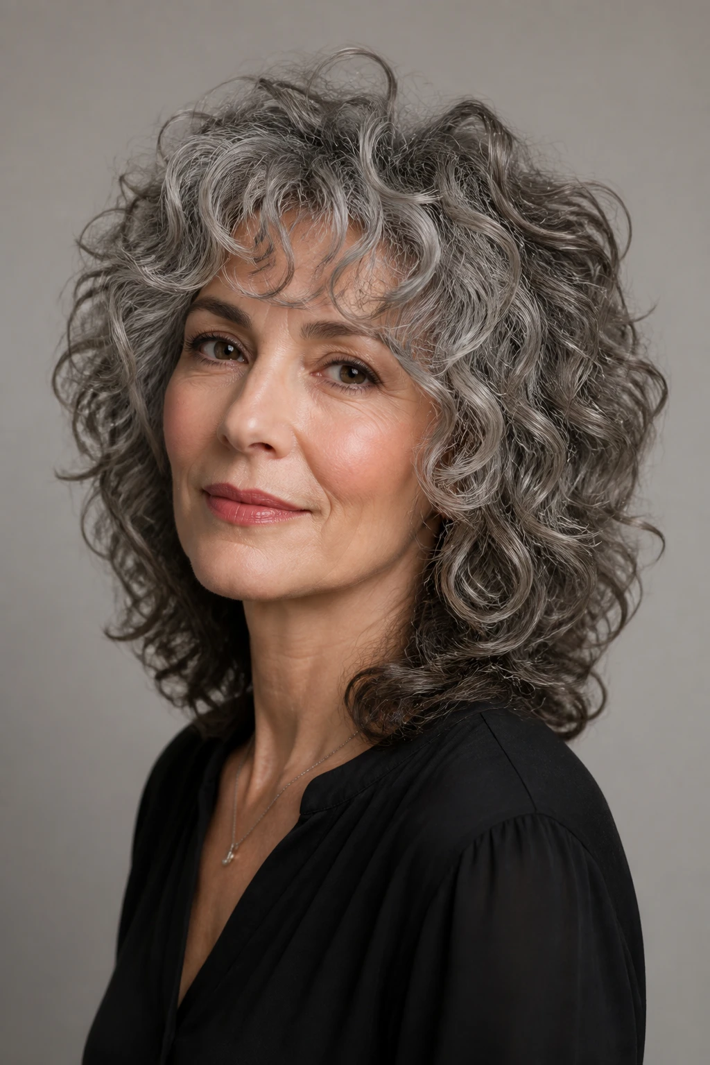 An elegant woman in her late 50s wears a curly shag with stacked layers, soft perimeter, and subtle interior lowlights.