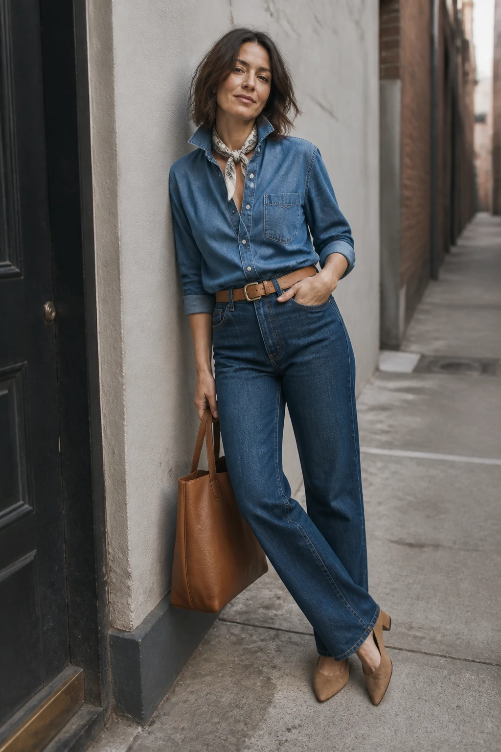 A stylish late-30s woman wears a mid-wash denim shirt with slightly darker straight jeans, a tan belt, suede flats, and a silk neck scarf.