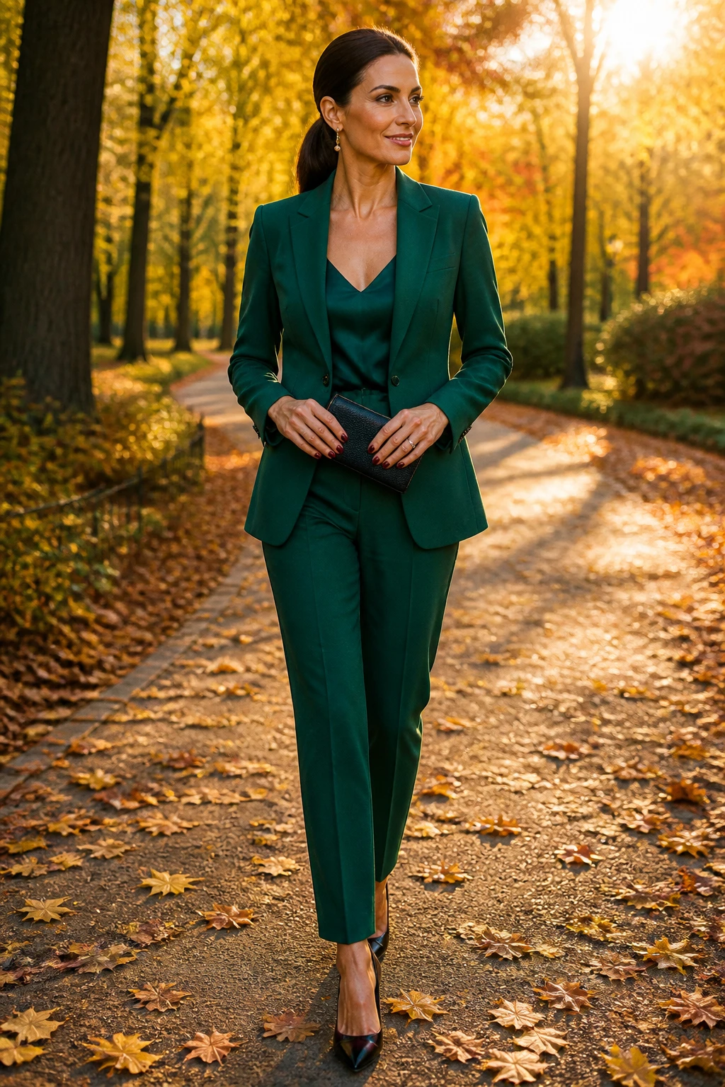 A confident woman in her mid-40s wears an emerald tailored suit with a silk camisole, pointed slingbacks, and a sleek clutch against fall foliage.