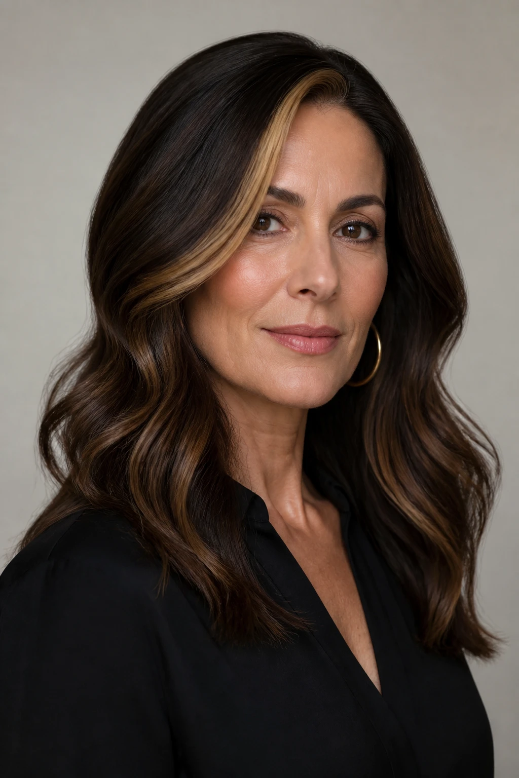 An elegant 48-year-old wears espresso brunette with an angled caramel money piece framing the face.