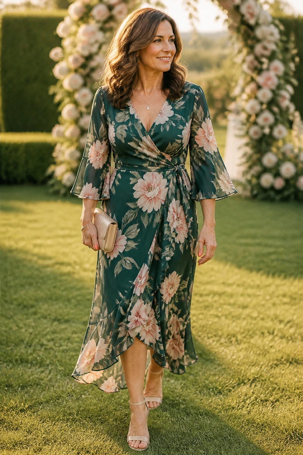 An elegant woman in her late 50s wears an emerald-and-blush floral wrap midi with bracelet sleeves, ankle-strap block heels, a structured clutch, and a delicate pendant at a lawn wedding.