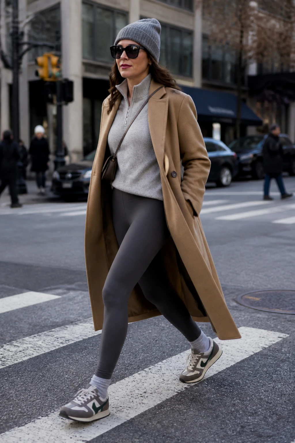 A stylish 44-year-old woman wears compression leggings, a half-zip knit, a tailored overcoat, and muted retro running shoes.