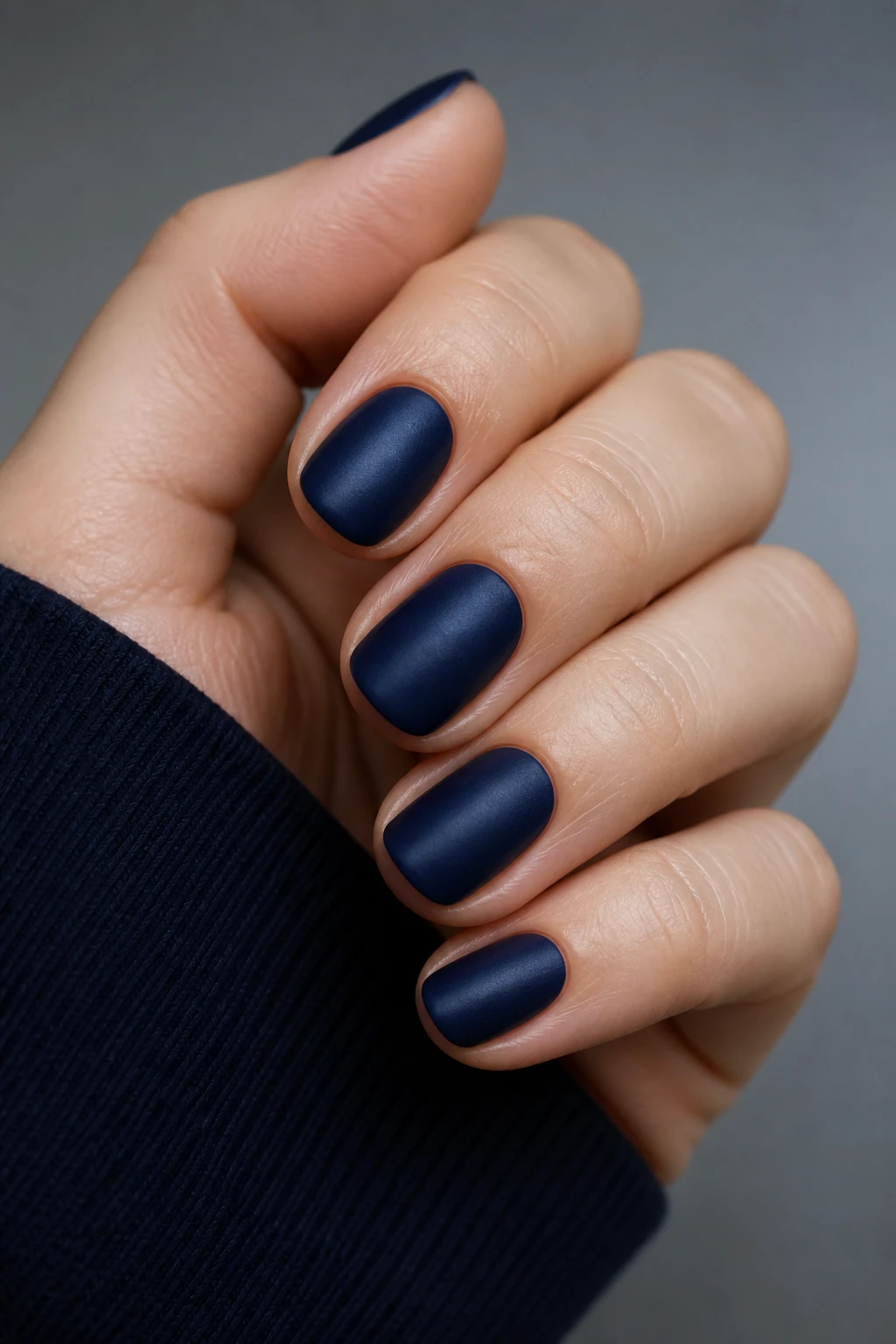 Short oval navy satin nails that look refined and jewelry-adjacent.