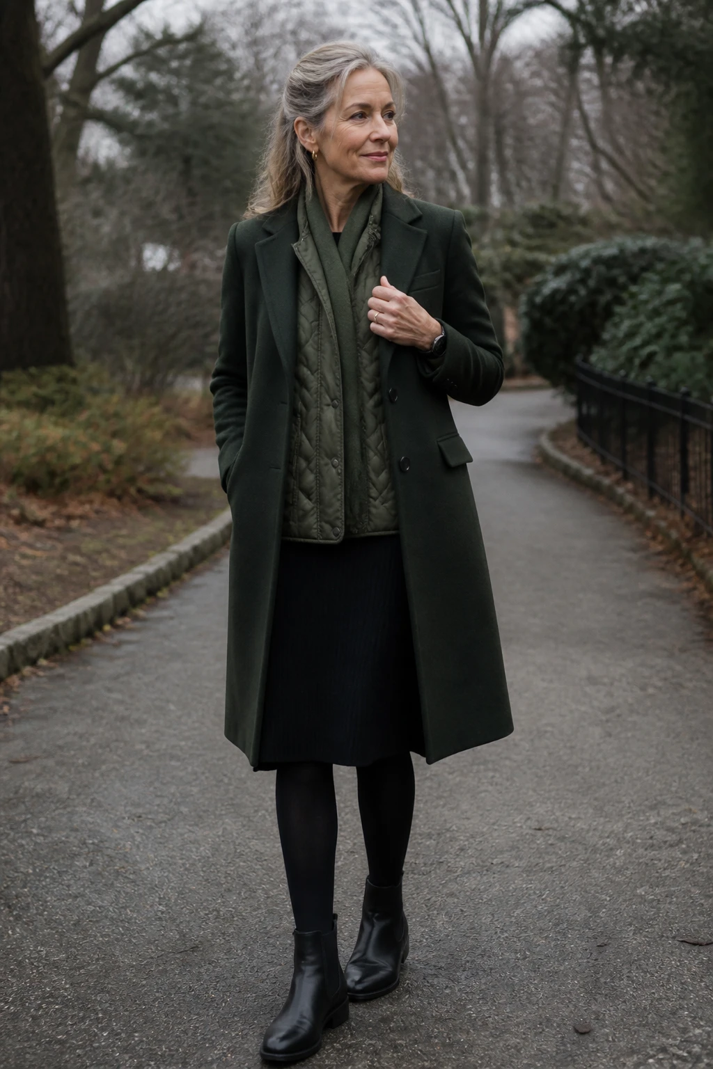 A stylish woman around 58 layers an olive quilted liner under a dark green wool coat with a black knit skirt, opaque tights, and sleek ankle boots, scarf tucked in.