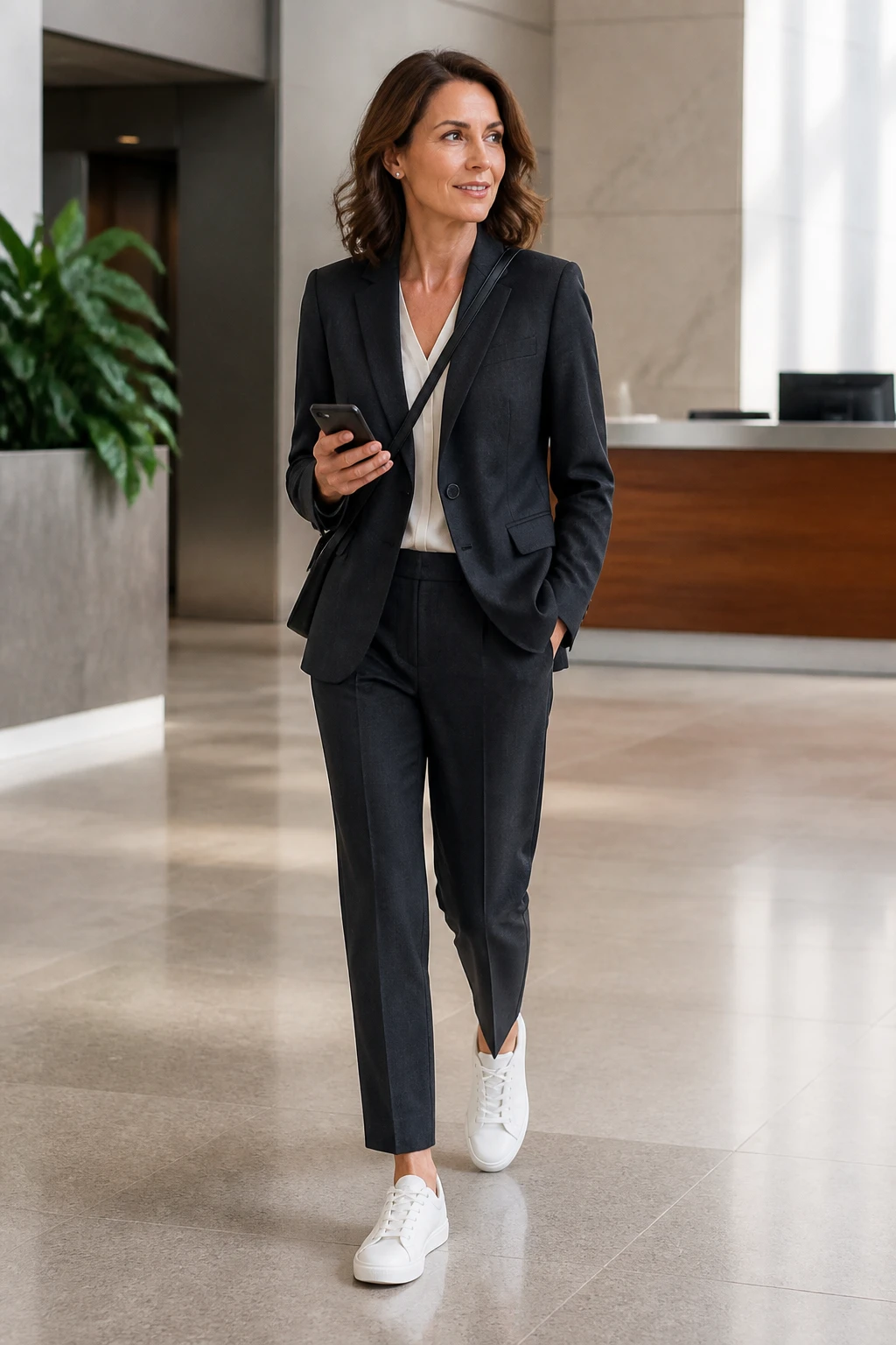 A confident late-40s woman wears a relaxed charcoal suit with cropped tapered trousers and minimal white leather sneakers.