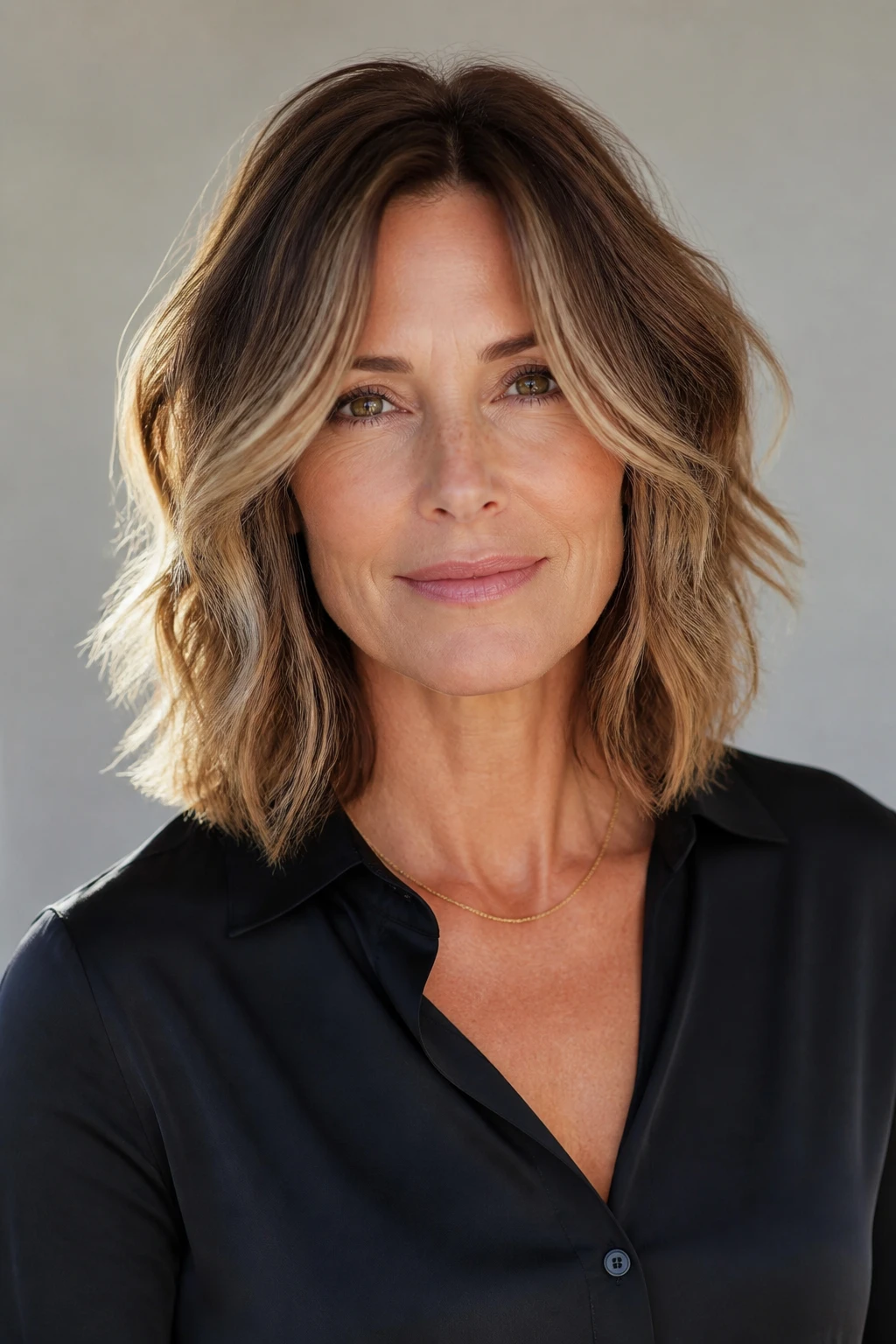 A chic mid-50s woman with shoulder-length waves, tousled midlayers, and sunlit balayage.