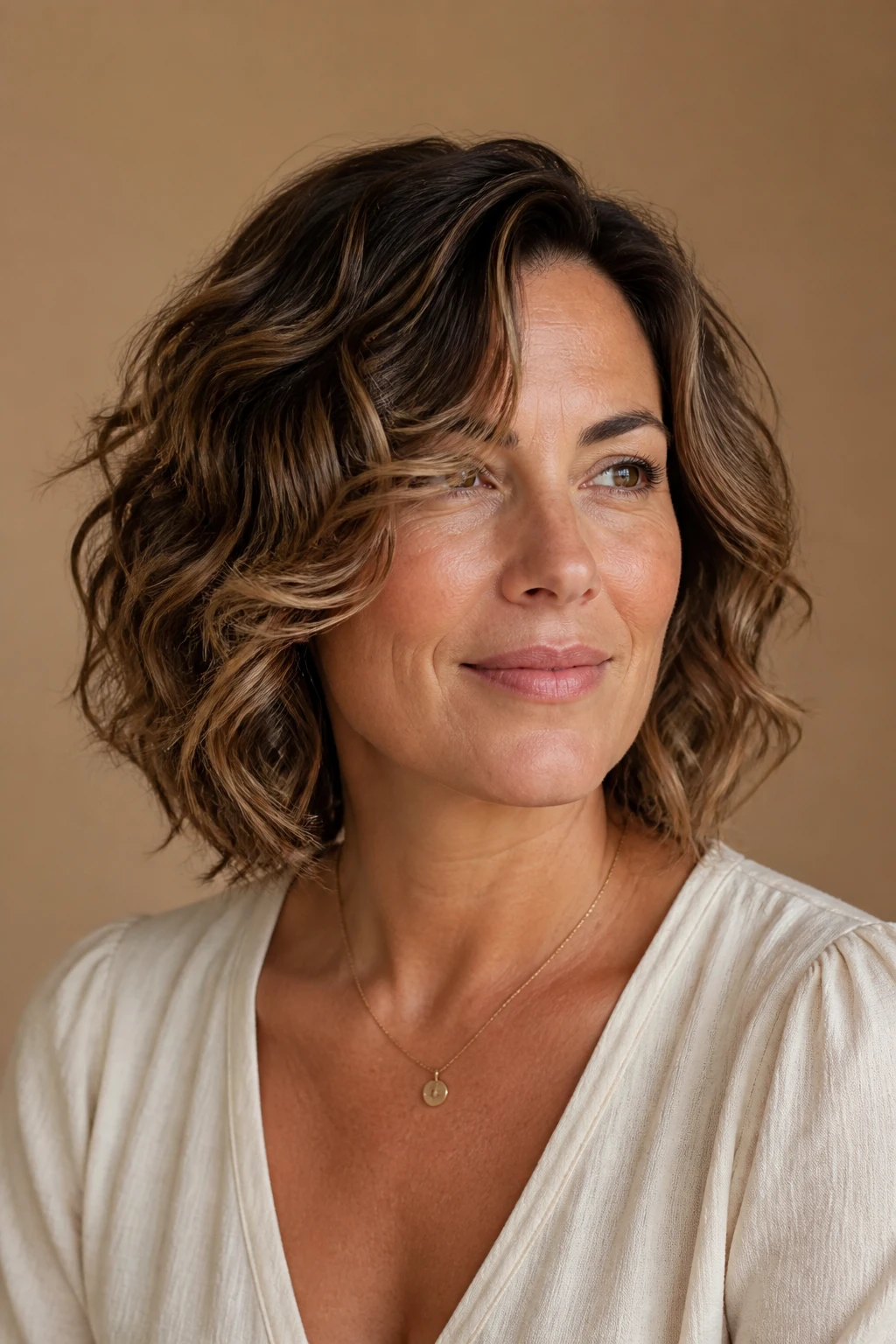 A woman in her early 40s wears a soft layered bob for natural waves with point-cut ends and subtle balayage.