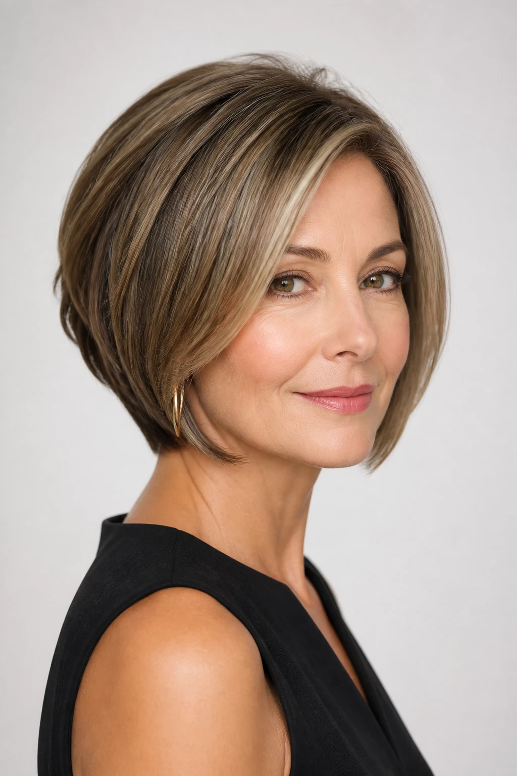 A late-40s woman with a stacked bob featuring rounded graduation and jaw-tracing front panels.