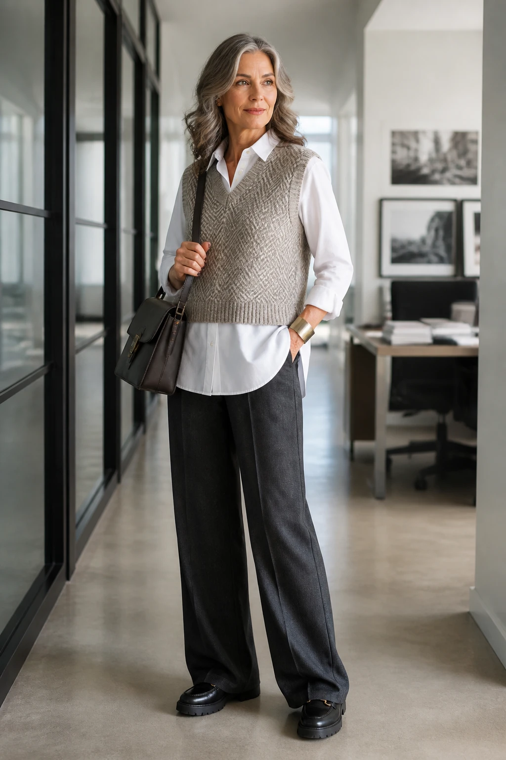 An elegant woman in her late 50s wears a knit vest over a crisp shirt with charcoal wide-leg trousers and platform loafers.