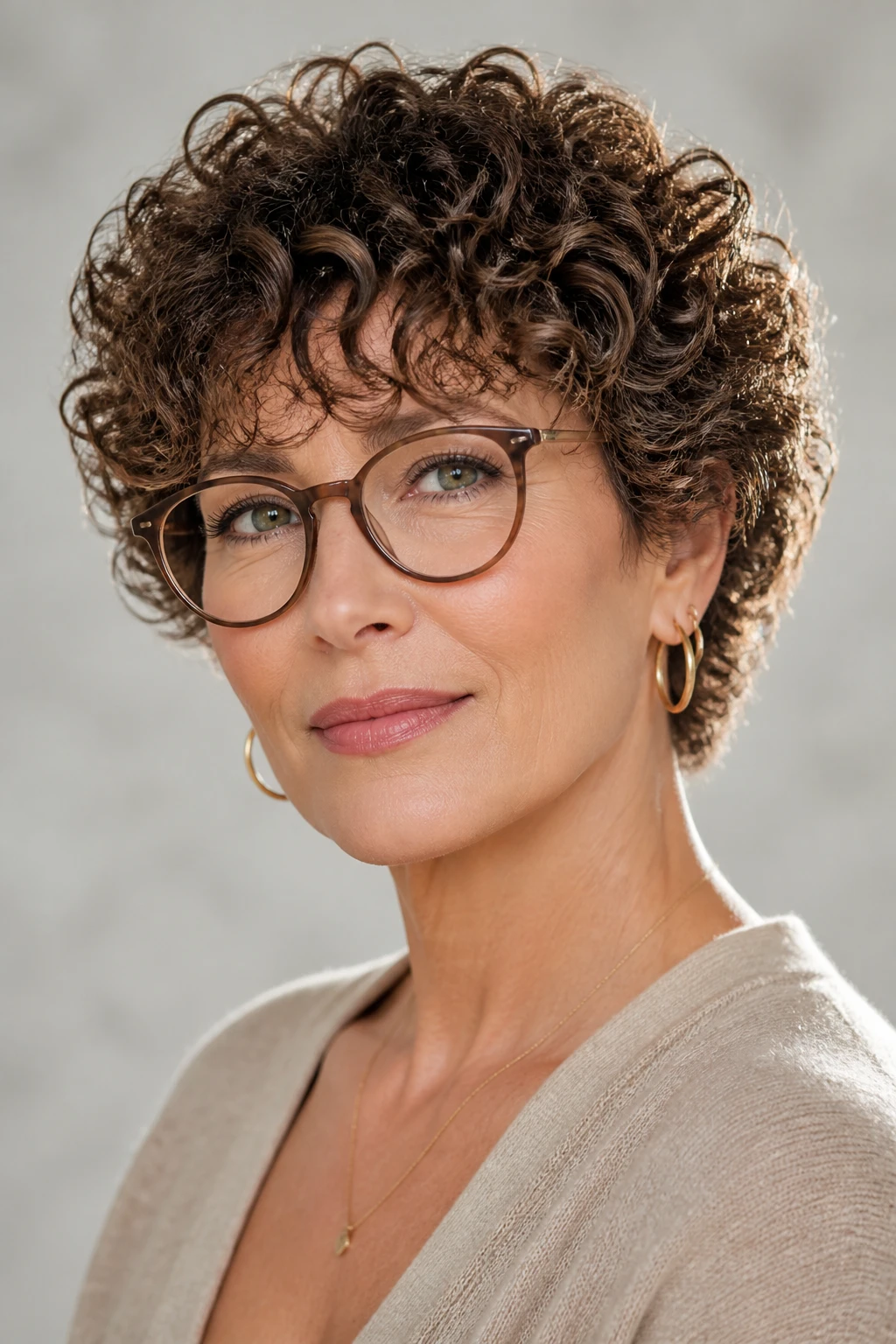 An elegant 57-year-old woman with a rounded textured curly crop and soft curly bangs that skim above her glasses.