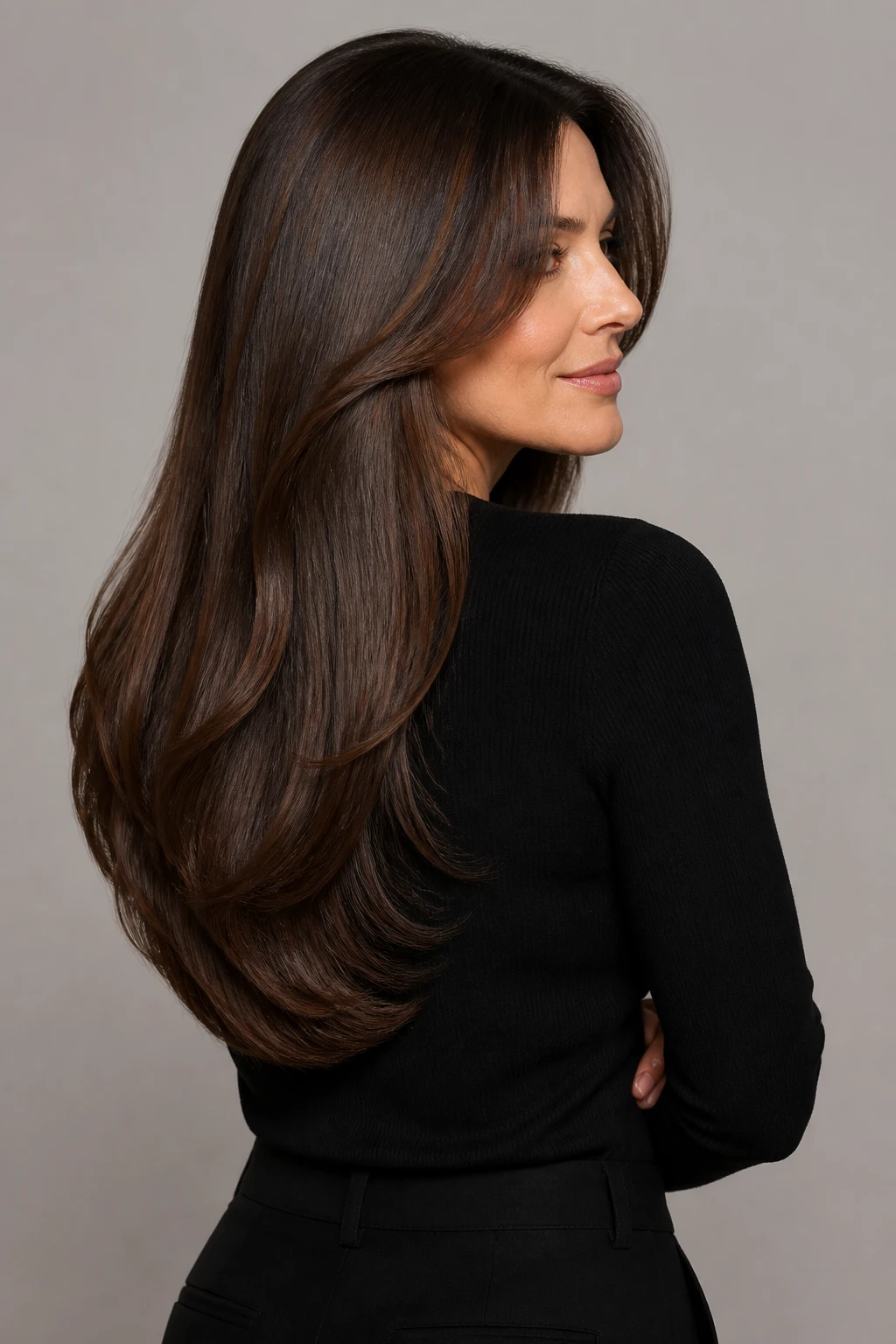 Long U-shaped haircut with minimal layers and soft face-framing on a stylish woman in her mid-40s.