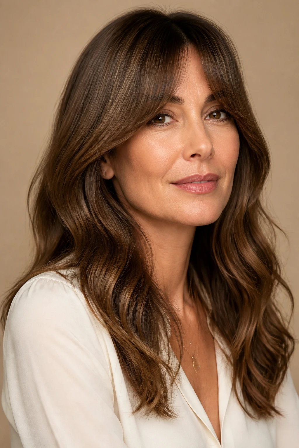 A stylish 45-year-old woman shows maple brown waves with curtain bangs that skim the jaw and high cheekbones.