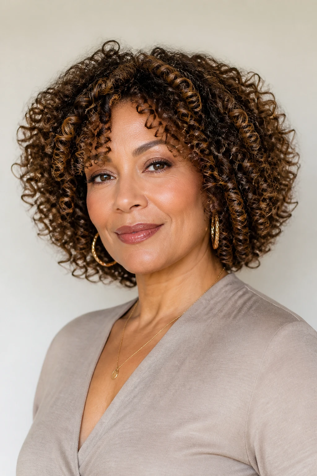 A curly, rounded shape with sculpted layers and pintura highlights on a stylish woman in her late 40s.