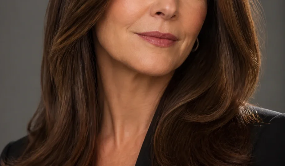 A late-40s woman wears dark walnut hair with whisper-light highlights and fuller-looking, darker ends.