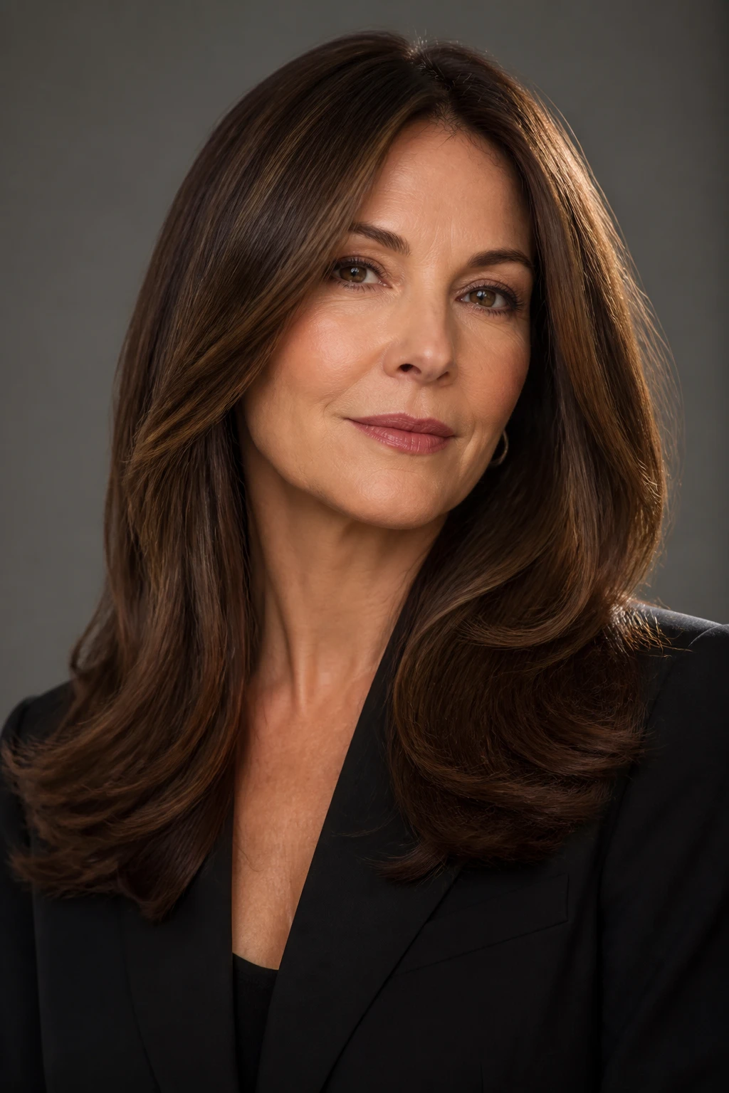 A late-40s woman wears dark walnut hair with whisper-light highlights and fuller-looking, darker ends.