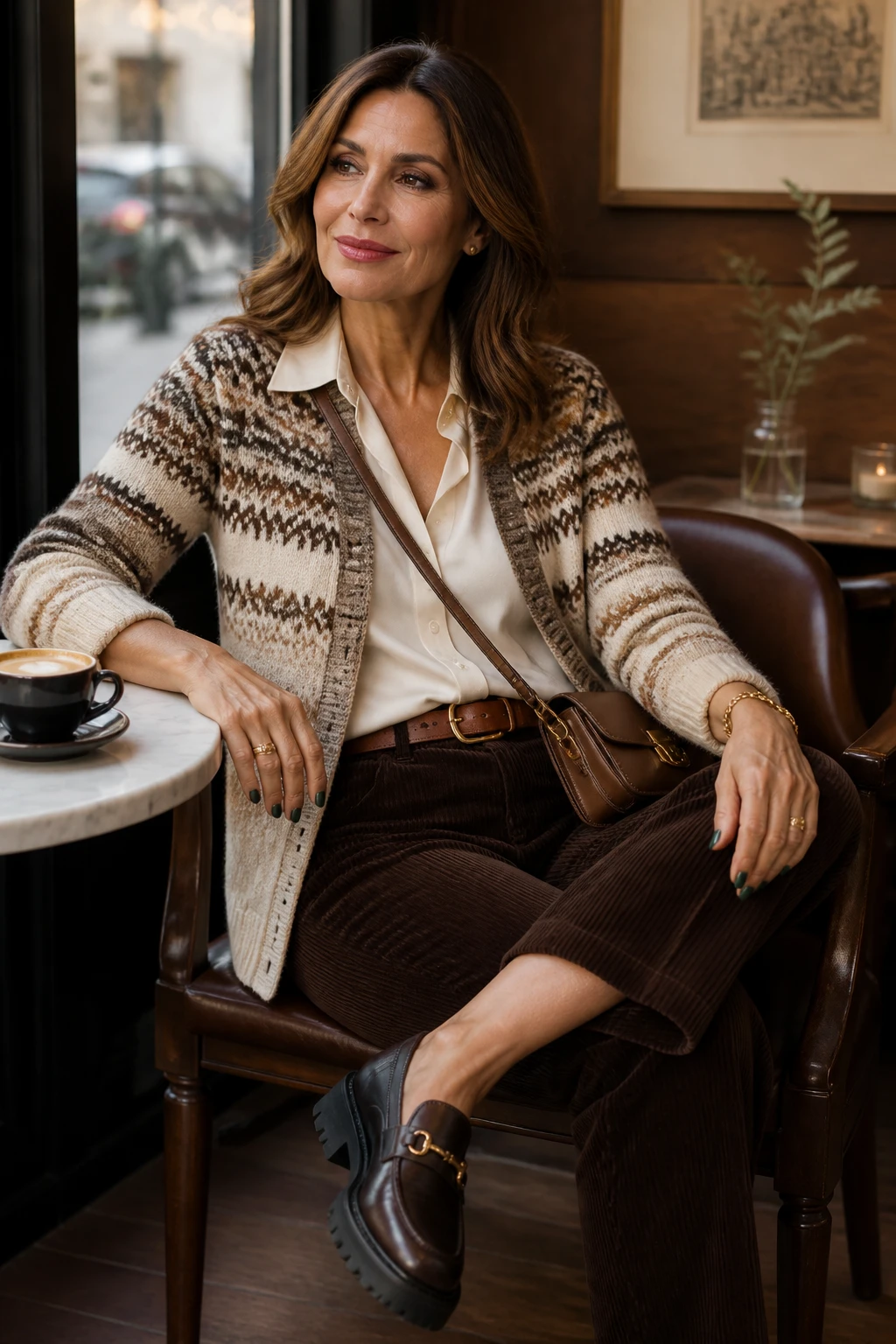 A chic woman in her mid-50s pairs a Fair Isle cardigan over a silk blouse with chocolate corduroy pants, chunky loafers, a leather belt, and a small crossbody.