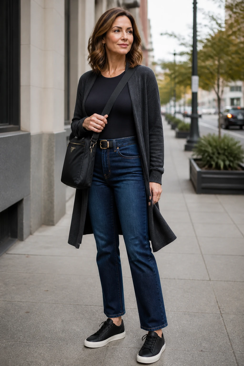 A stylish mid-40s woman pairs high-rise straight jeans with a smoothing bodysuit, a mid-thigh coatigan, and leather sneakers.