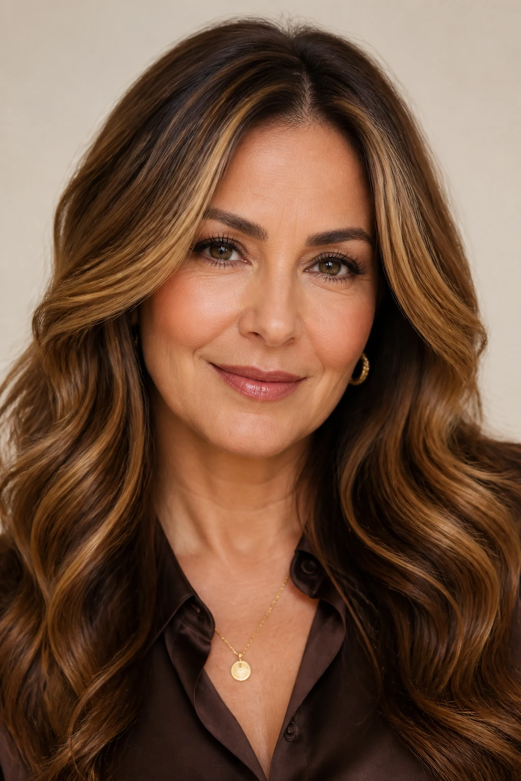 A honey-brown money piece over a cocoa base brightens the face of a chic woman in her late 50s.