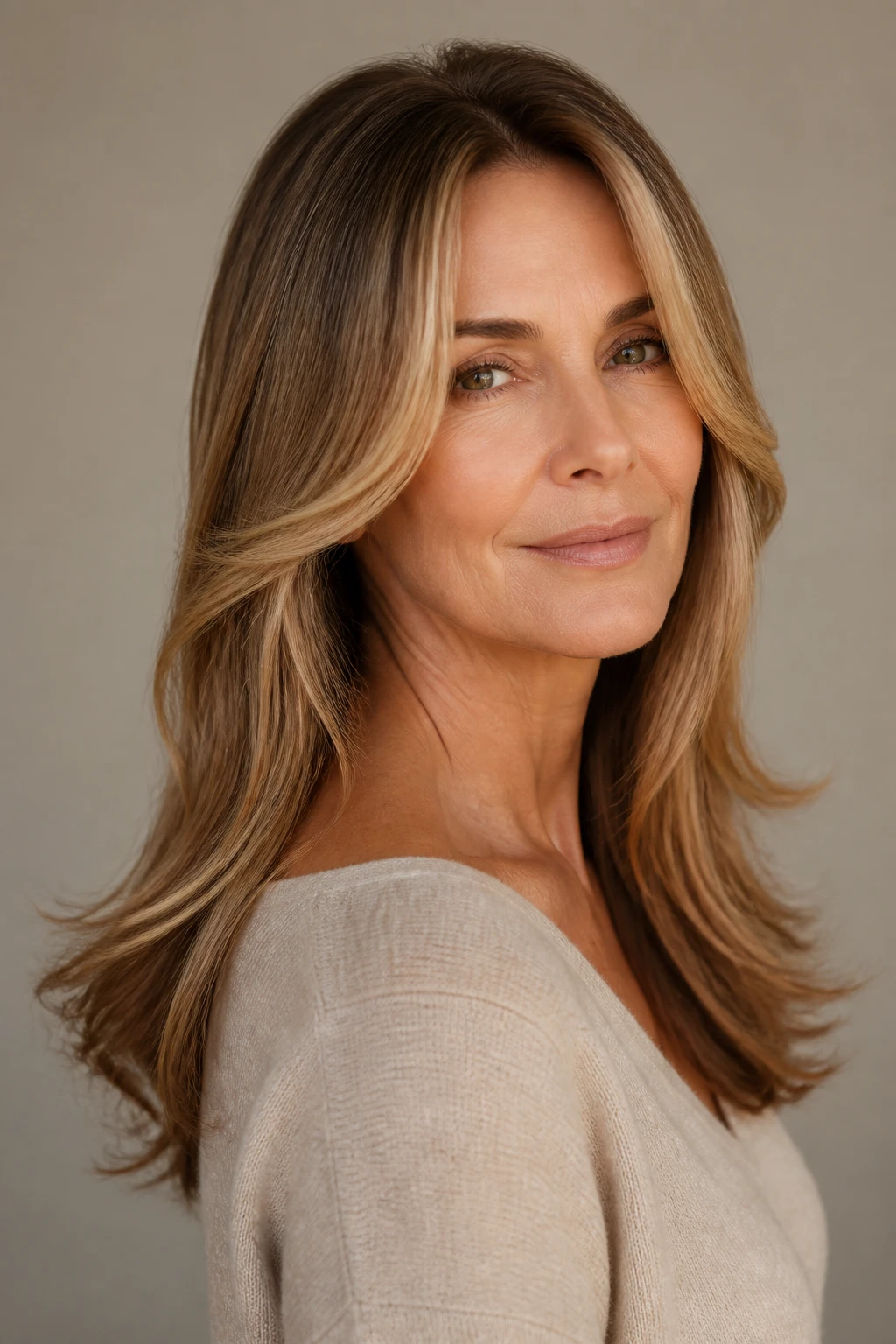 A stylish 55-year-old with long layers, subtle crown lift, and face-framing pieces curving along her glasses, finished with a soft money piece.