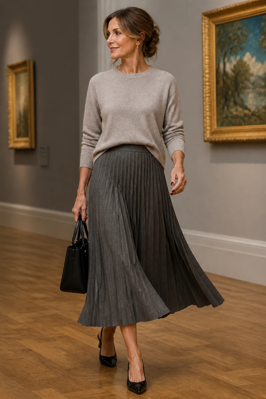 Elegant mid-50s woman in a graphite pleated midi skirt with a heathered cashmere crewneck and slingbacks in a gallery setting.