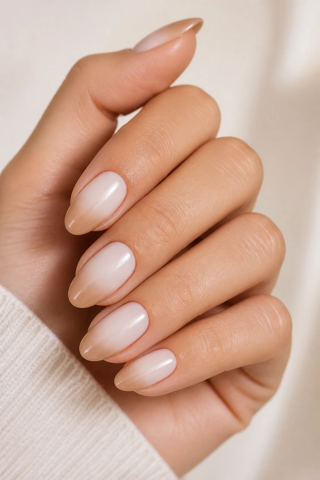Medium-short almond nails with a glossy milky latte ombré and seamless fade.