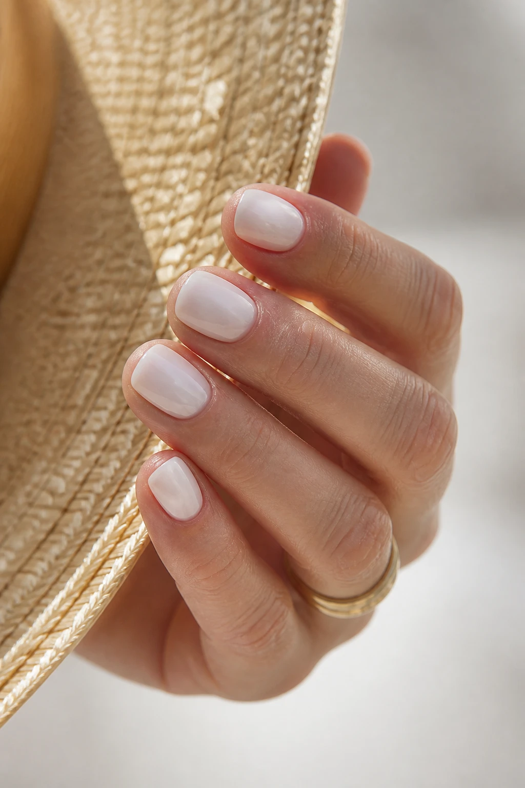 Short rounded milky white nails with a glossy vanilla chrome sheen on a sophisticated woman in her mid-40s.